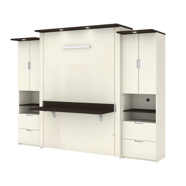 Lumina Queen Murphy Bed with Desk and 2 Storage Cabinets (113W), White Chocolate